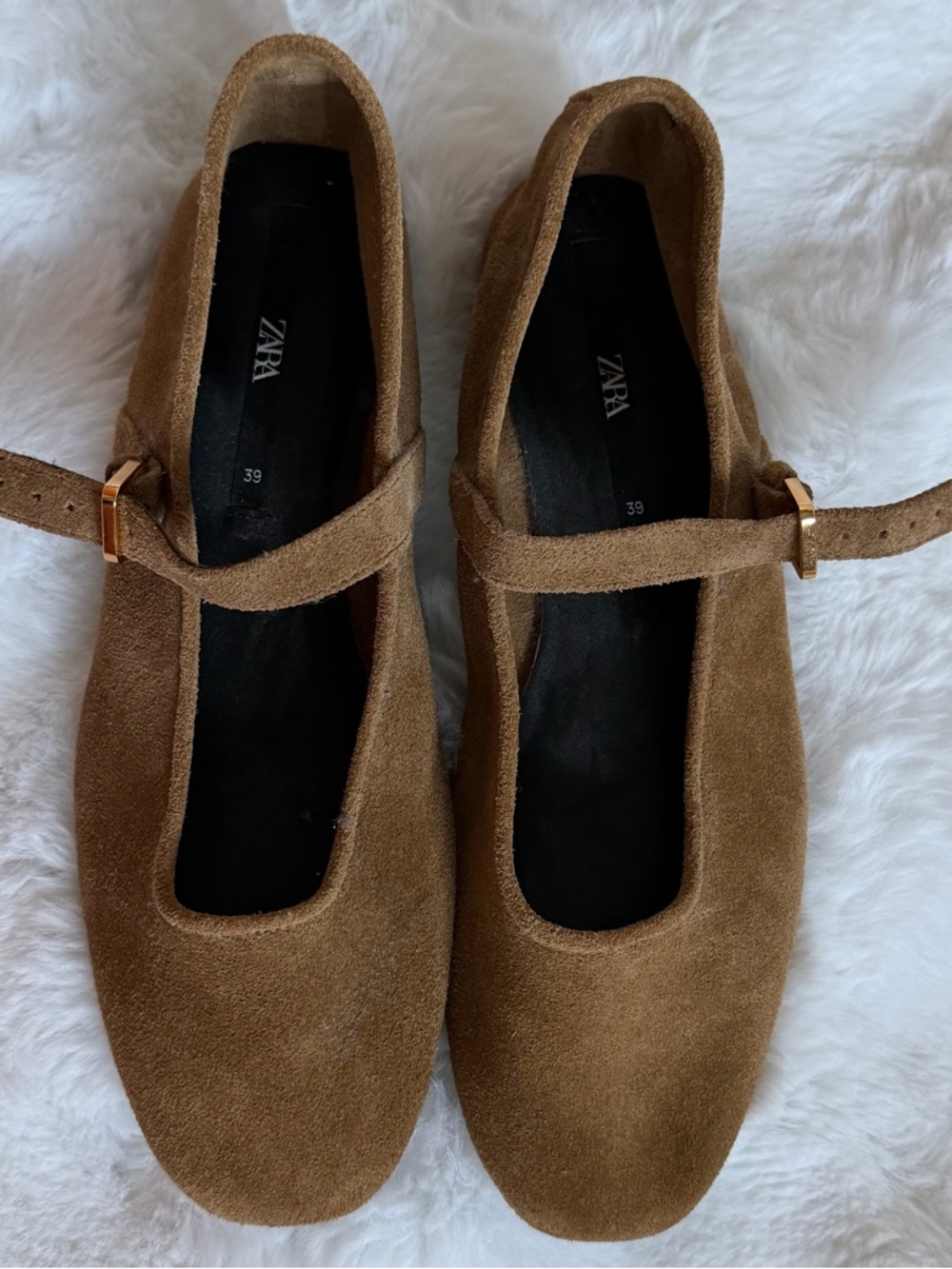 Zara Tan Suede Ballet Mary Jane Flats with Gold Buckle Size: 8